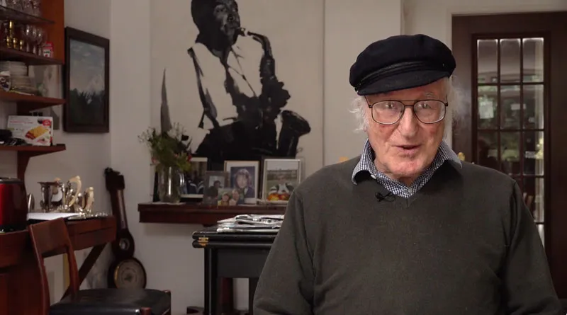 Jazz pianist Dave Lee speaking to camera in Dave Lee’s Jazz Tales, filmed by Steve Sklair