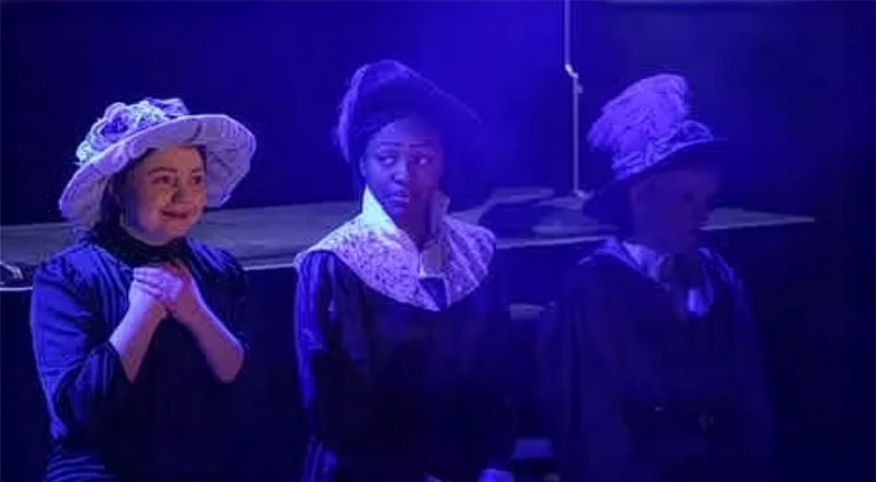 A multi-camera stage scene from EMMELINE The Suffragette Movement